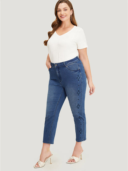 Very Stretchy Medium Wash Geometric Embroidered Jeans