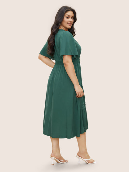 Plain Shirred Notched Pocket Pleated Dress