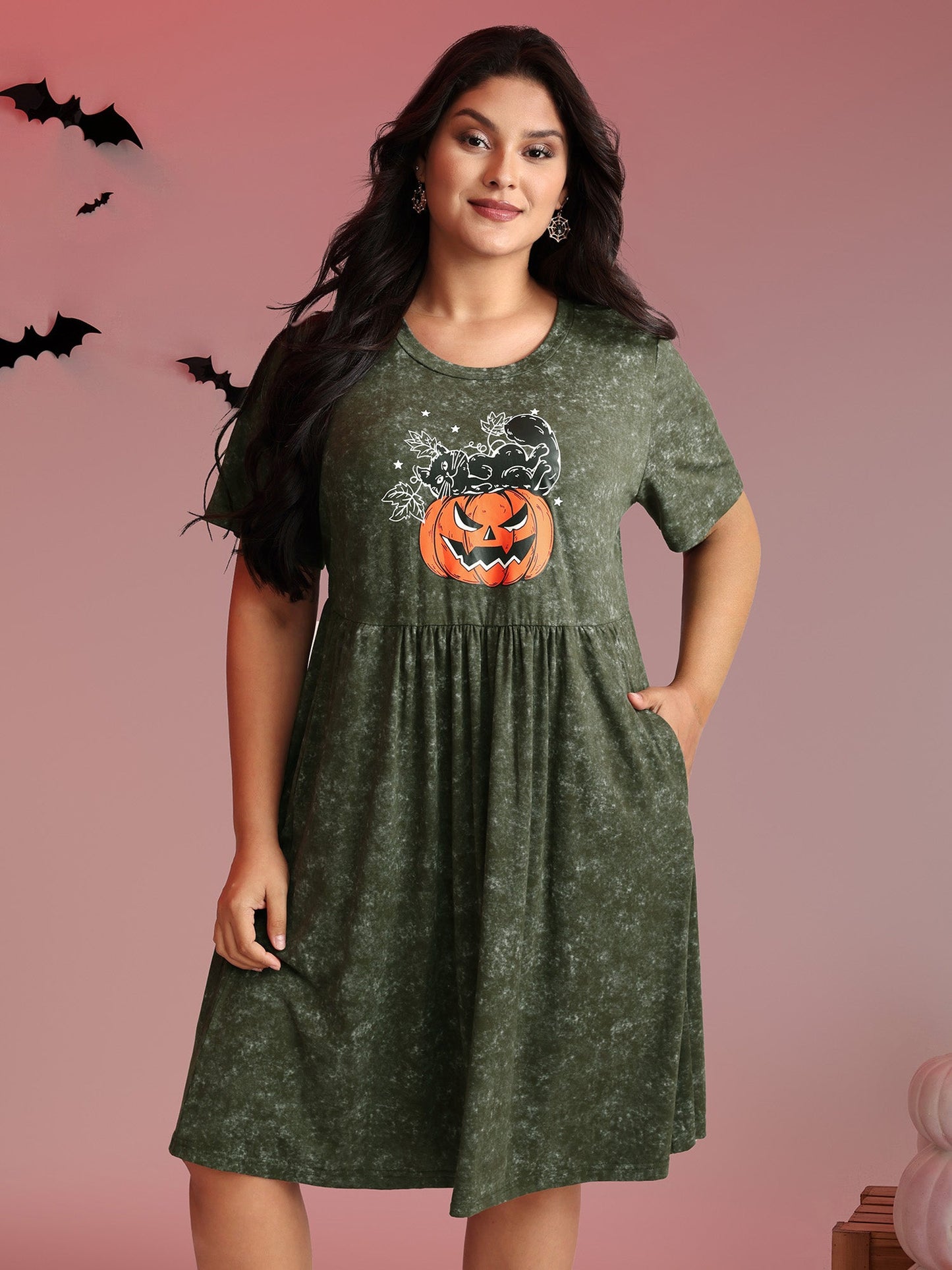 Spooky Pumpkin Motif Snowflake Effect Midi Dress