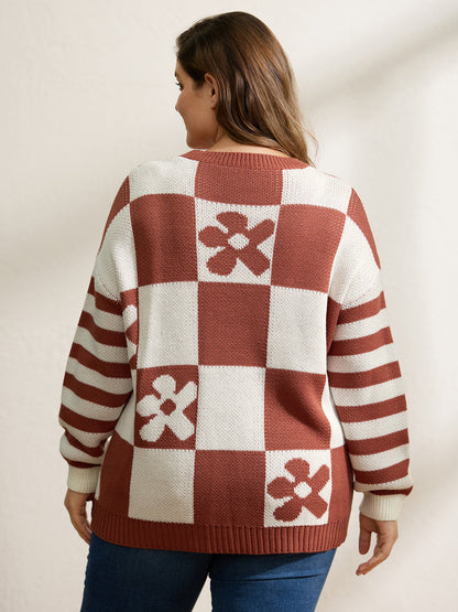 Checkered Floral Stripe Sleeve Jacquard Pullover