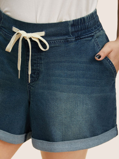 Dark Wash Roll Hem Drawstring Denim Shorts