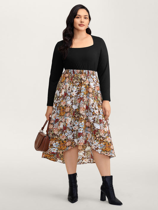 Floral Print High-Low Hem Midi Dress