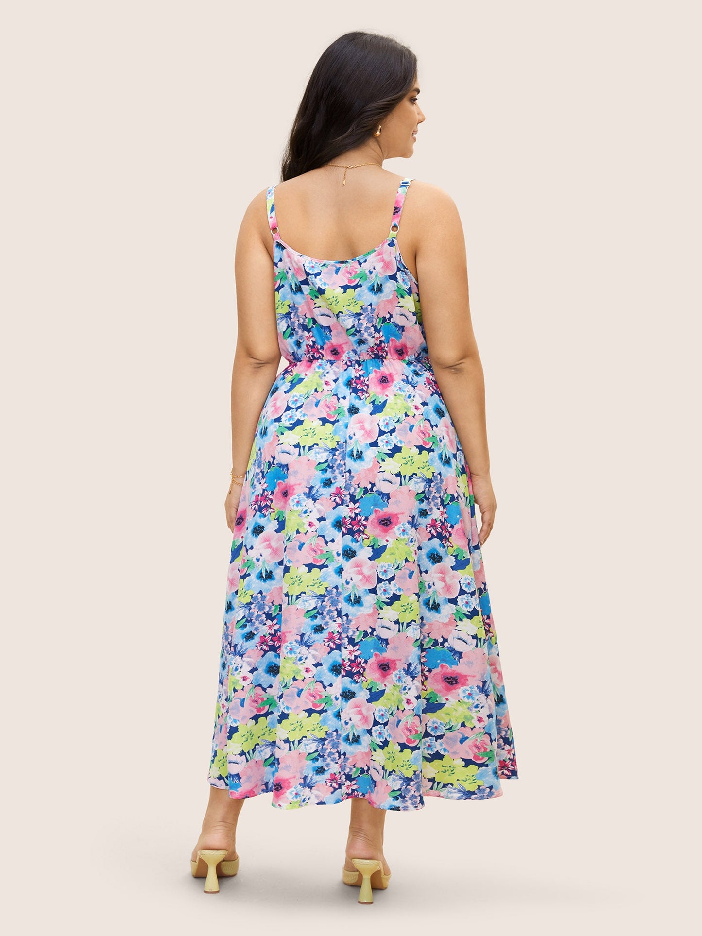 V Neck Watercolor Floral Pleated Maxi Dress