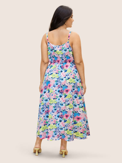 V Neck Watercolor Floral Pleated Maxi Dress