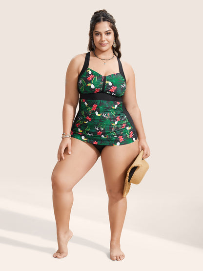 Tropical Print Patchwork Gathered Swim Top