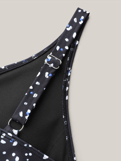 Dot Print Layered Twist-Front One-Piece Swimsuit