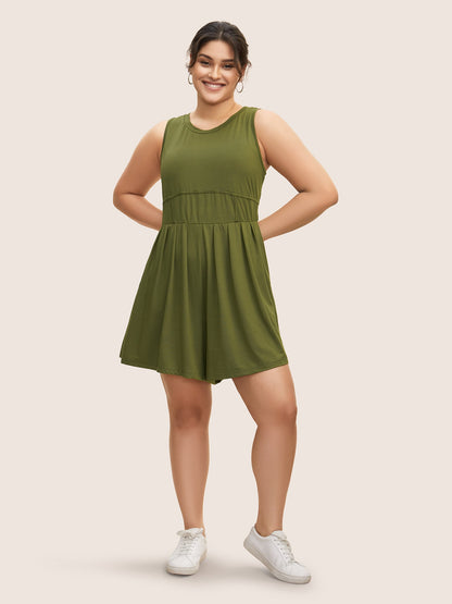 Plain Round Neck Cinching Waist Romper