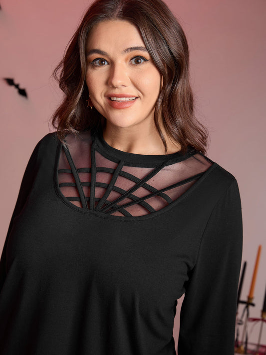 Spiderweb Cut-Out Neckline Fitted T-Shirt