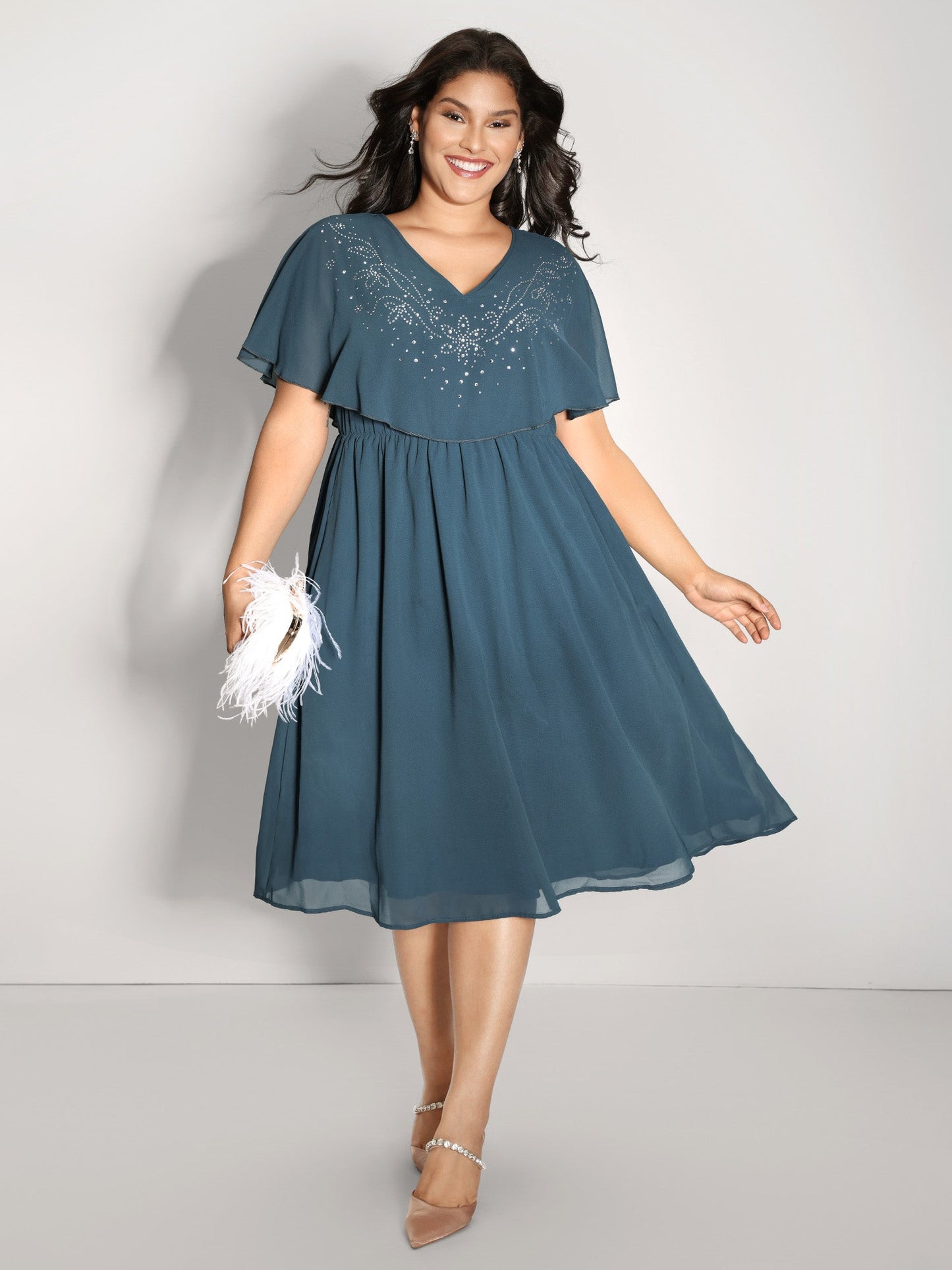 Shimmery Hotfix Rhinestone Layered Midi Dress