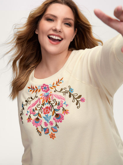 Colorful Floral Embroidery Anti-Abrasion Collar Sweatshirt
