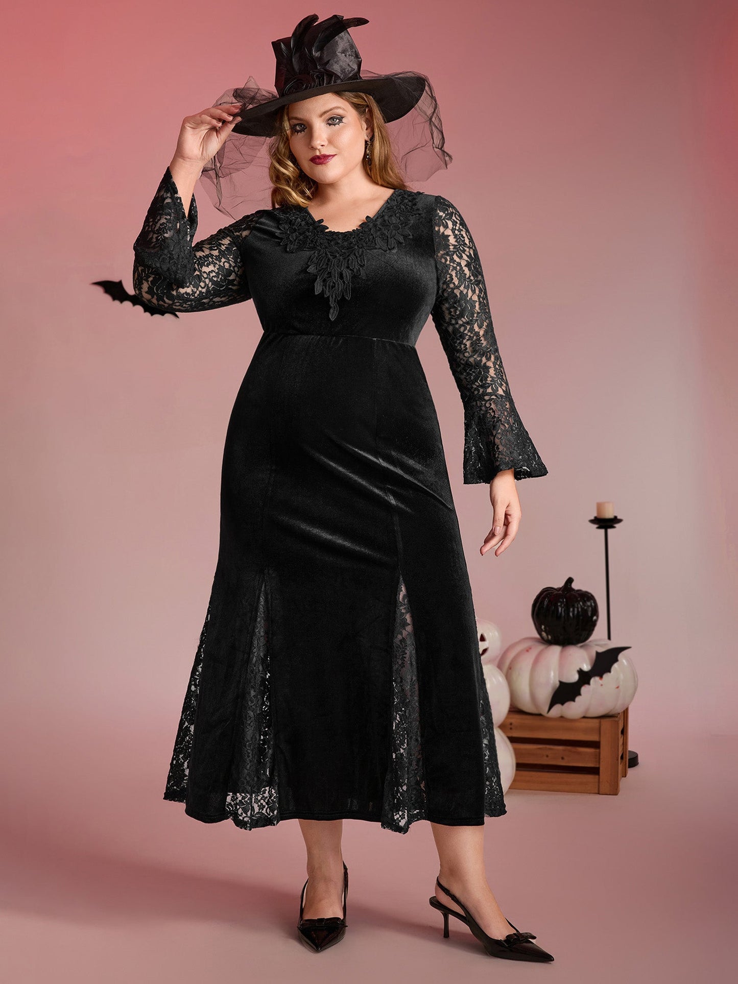 Velvet Lace Sleeve Split Hem Maxi Dress