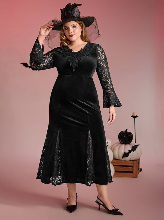 Velvet Lace Sleeve Split Hem Maxi Dress