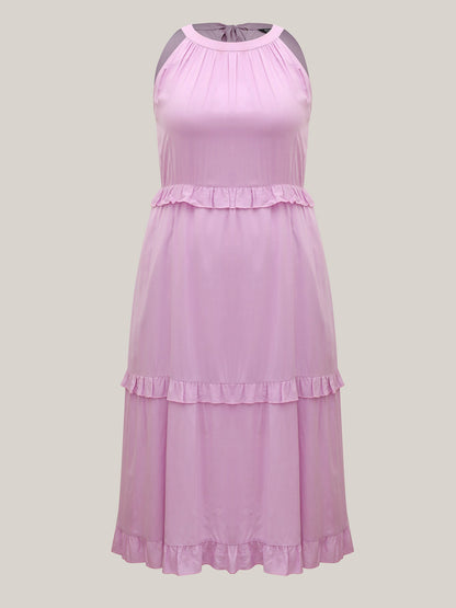 Halter Neck Tiered Ruffles Pocket Midi Dress