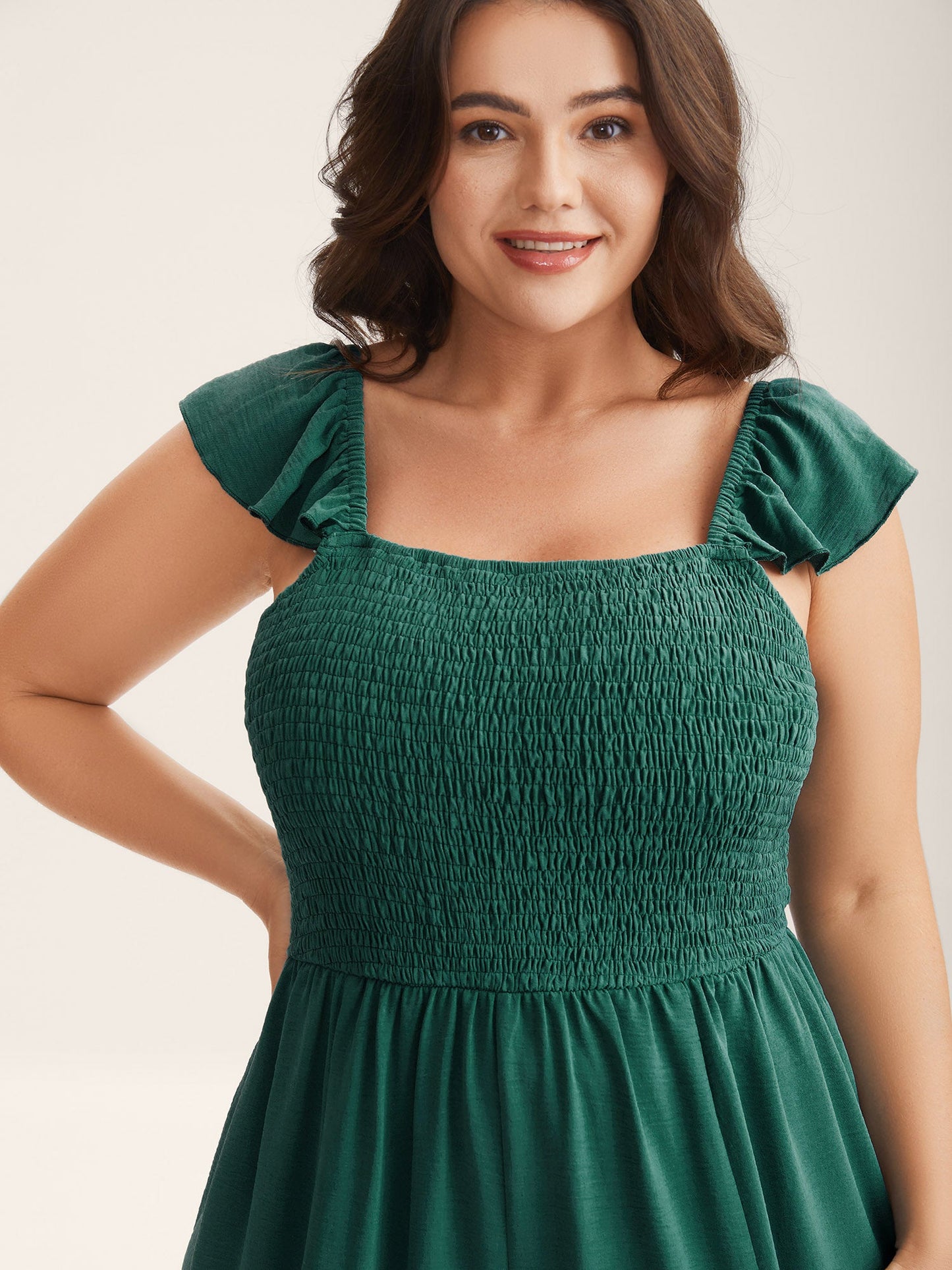 Shirred Ruffles Pockets Plain Jumpsuit