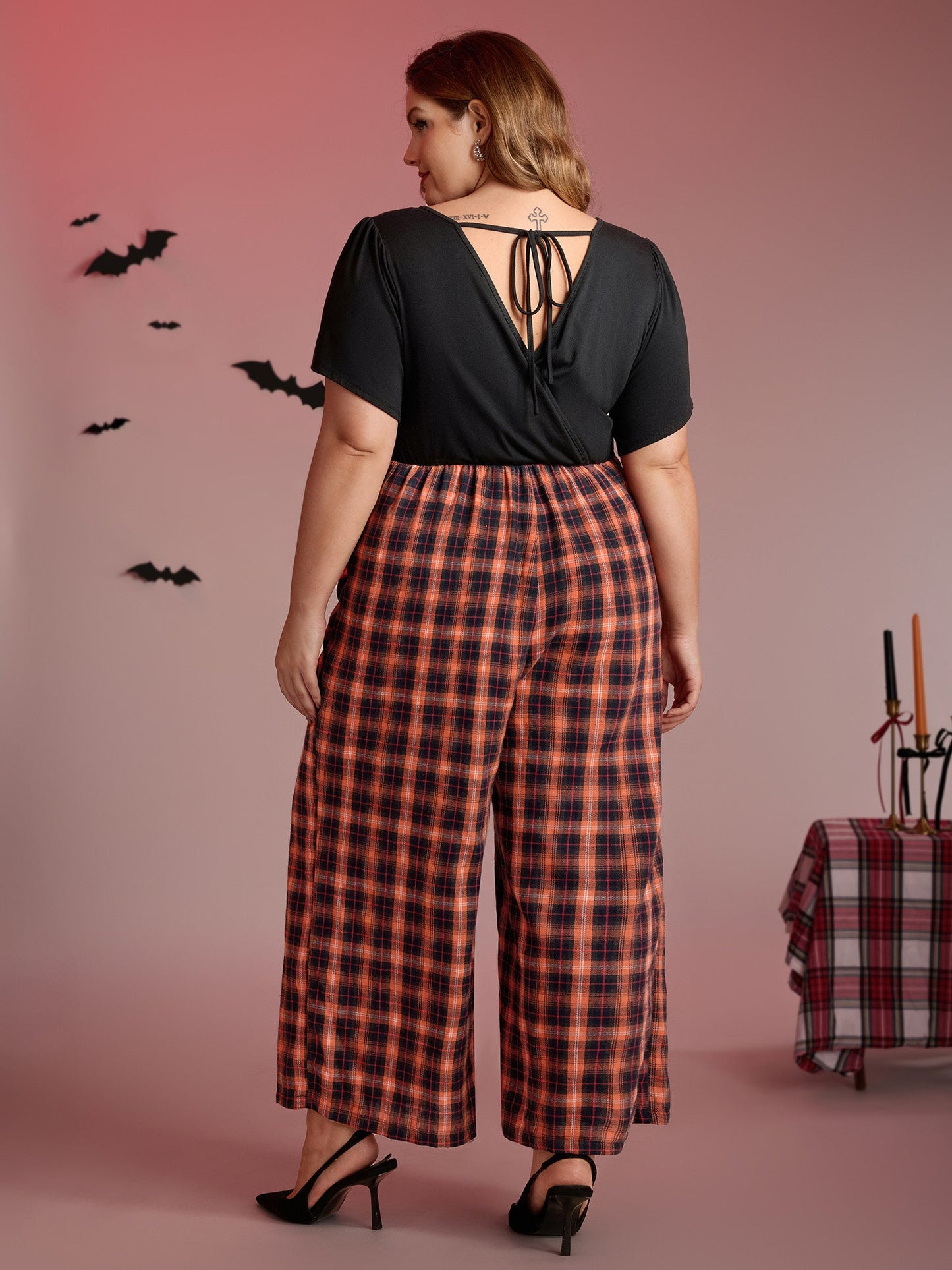 Checkered Print Pockets Cross-Tie Jumpsuit
