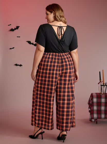 Checkered Print Pockets Cross-Tie Jumpsuit