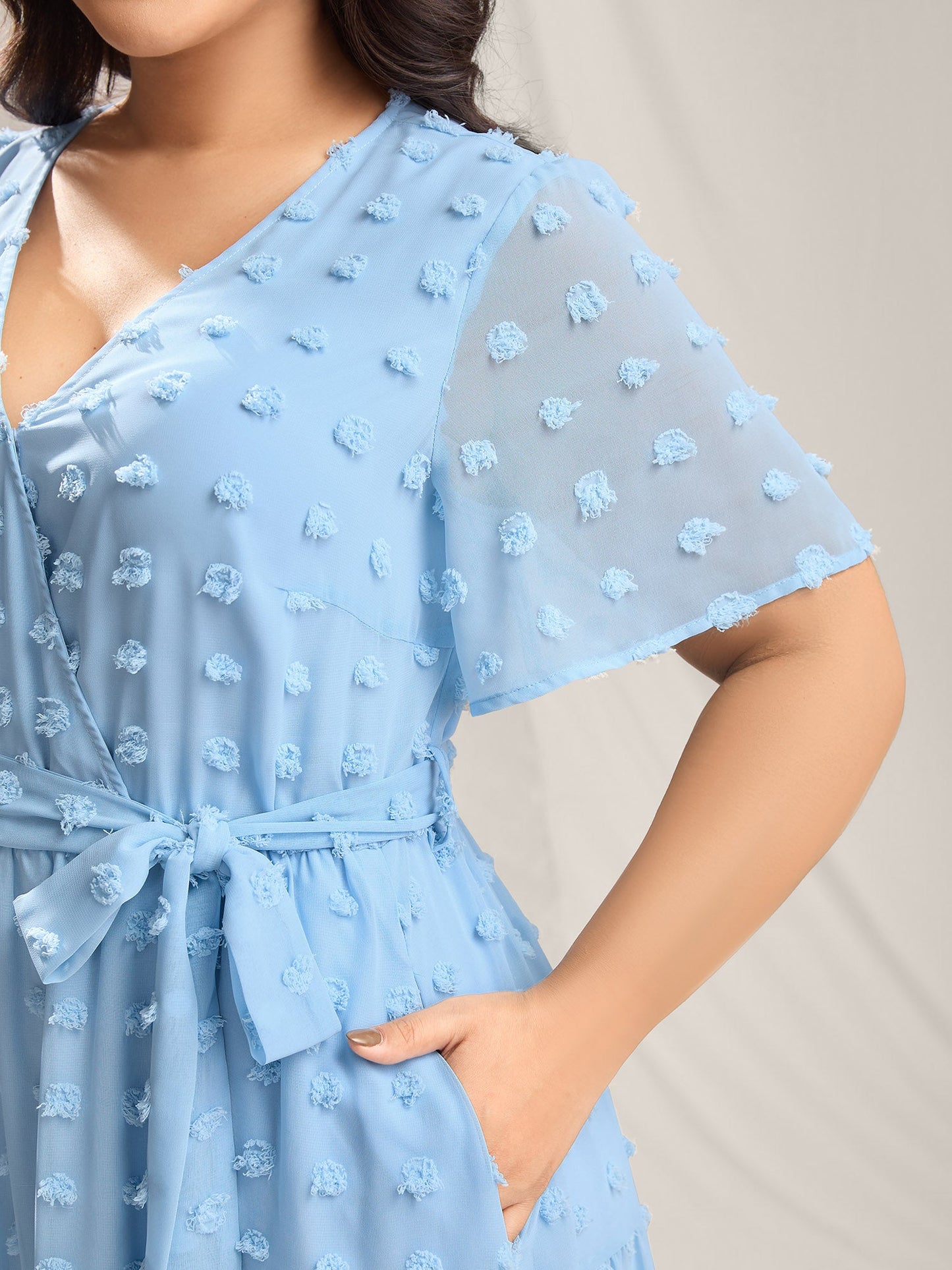 Fur Ball Textured Mesh Belted Midi Dress