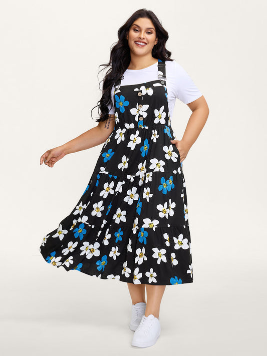 Floral Print Pockets Stretchy Waist Midi Dress