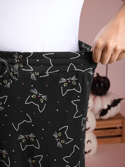 Meow Halloween Print Wide-Leg Lounge Pants