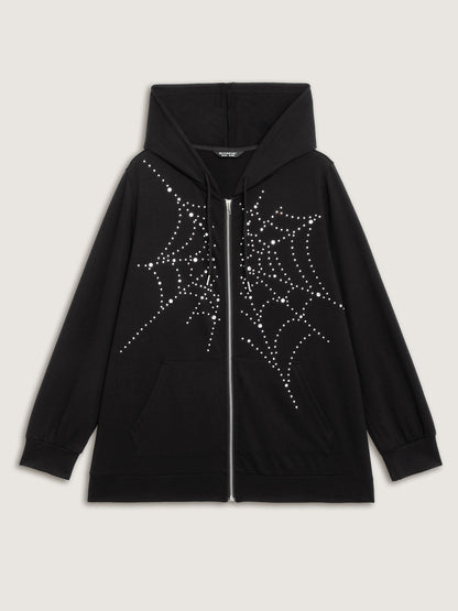 Shimmery Rhinestone Sequin Spiderweb Zipper Hoodie