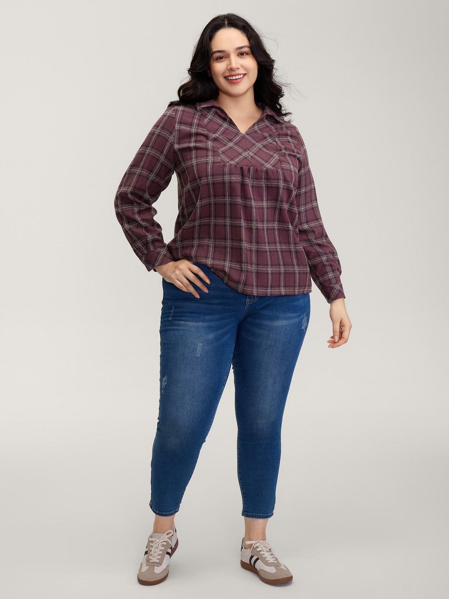 Plaid Pattern Relaxed-Fit Collar Blouse