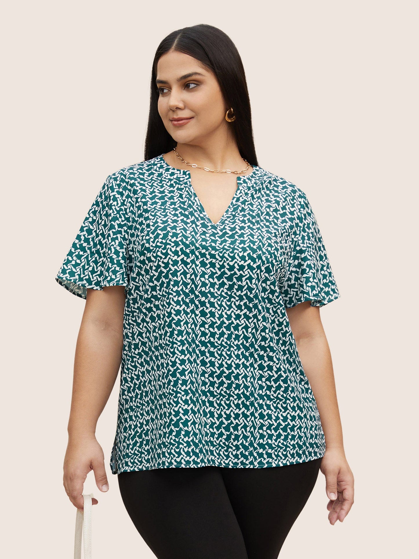 Notched Collar Geometric Flutter Sleeve Blouse