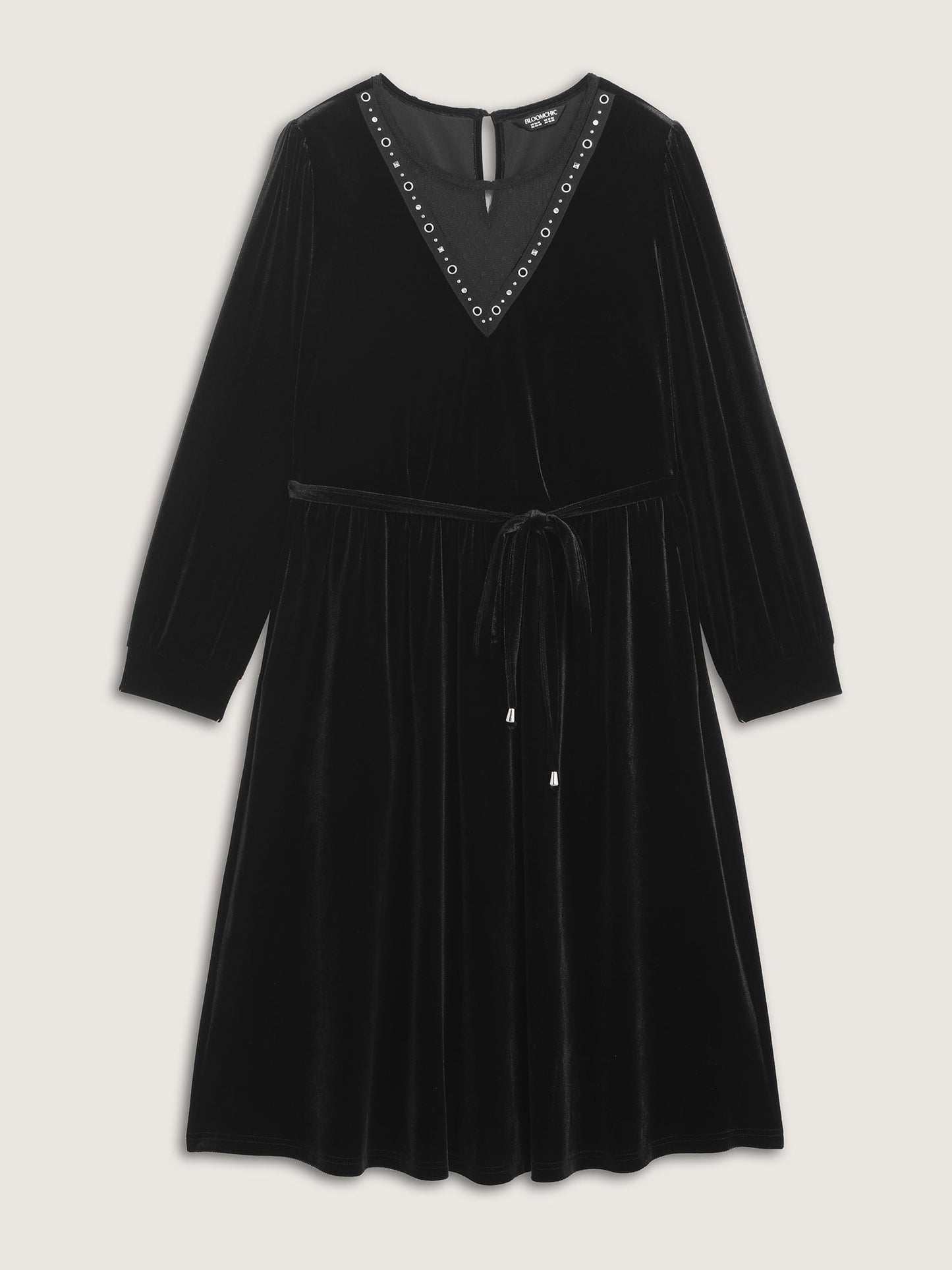 Velvet Sheer Neckline Belted Waist Maxi Dress