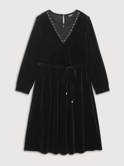 Velvet Sheer Neckline Belted Waist Maxi Dress