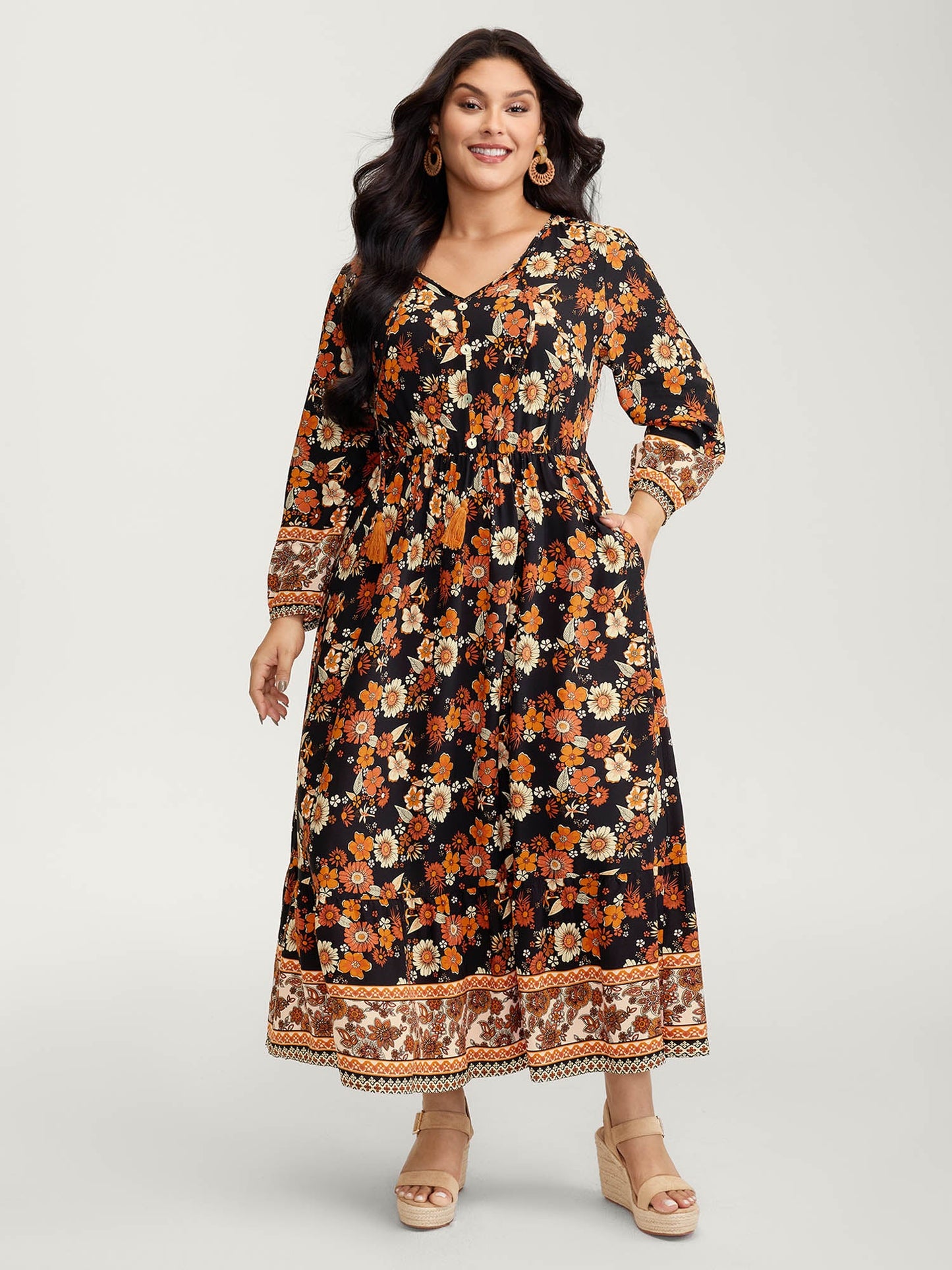 Floral Stretchy Waist Neck-Tie Maxi Dress