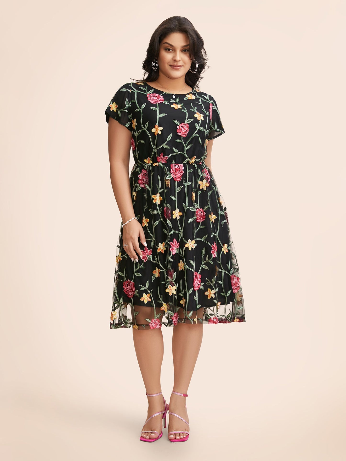Floral Embroidered Mesh Backless Dress