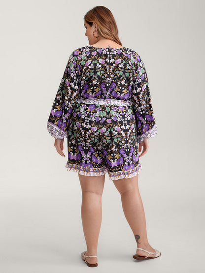 Floral Print Contrast Ruffled Trim Romper