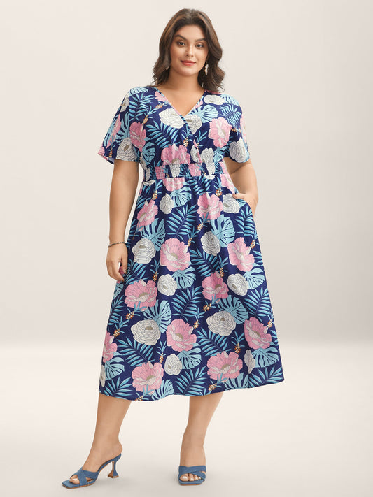 Tropical Print Back-Tie Shirred Midi Dress