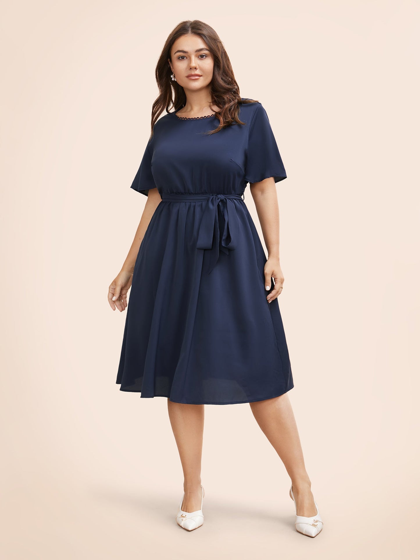 Round Neck Lace Patchwork Ruffle Sleeve Dress