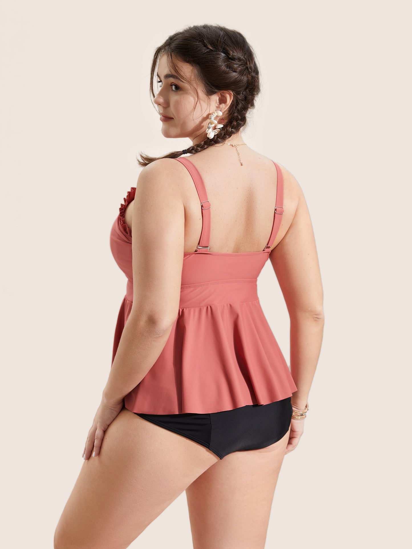 Solid Tie Knot Ruched Frill Trim Swim Top