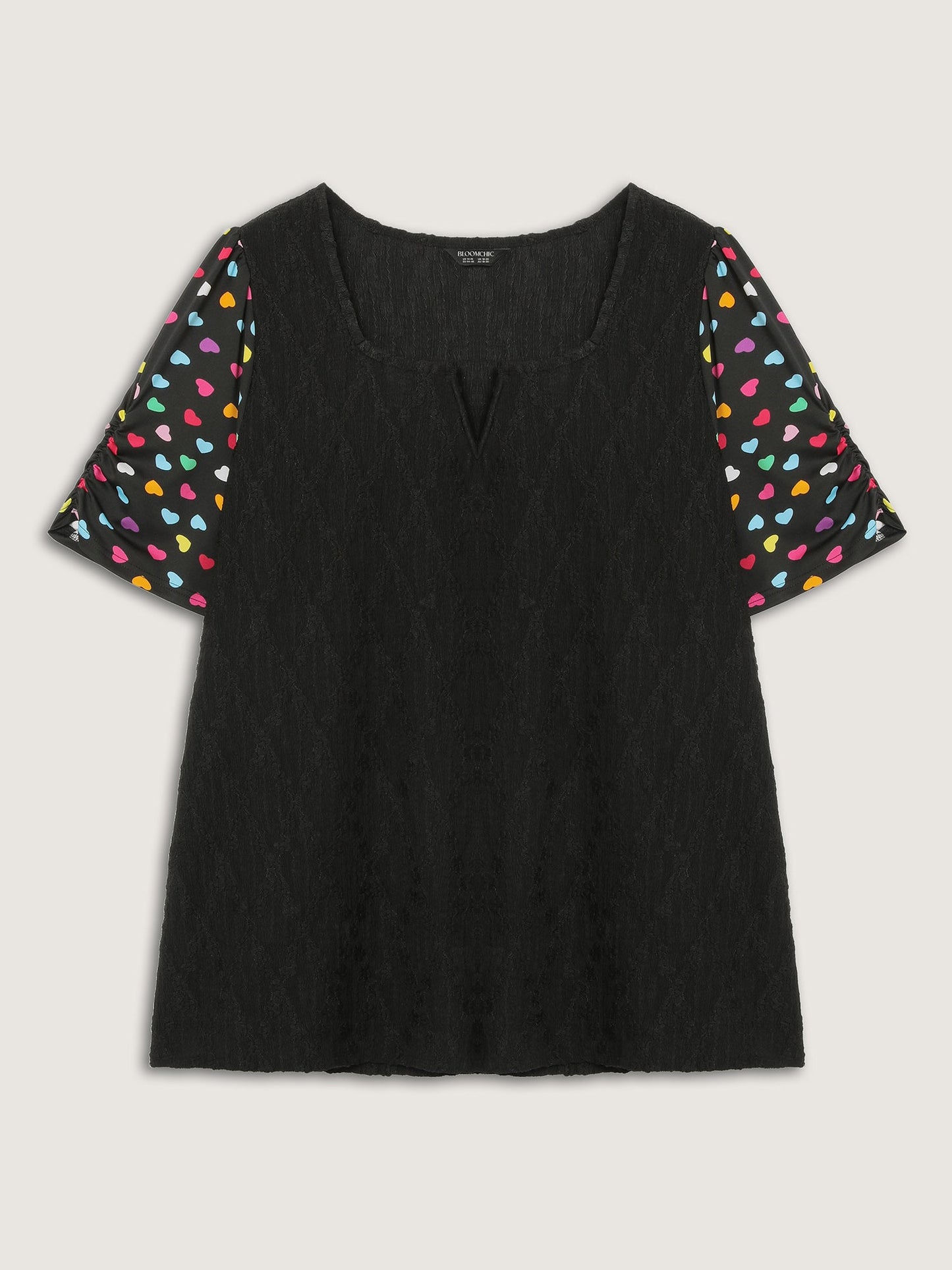 Colorful Hearts Textured Split Neck Knit Top