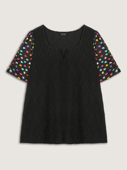 Colorful Hearts Textured Split Neck Knit Top