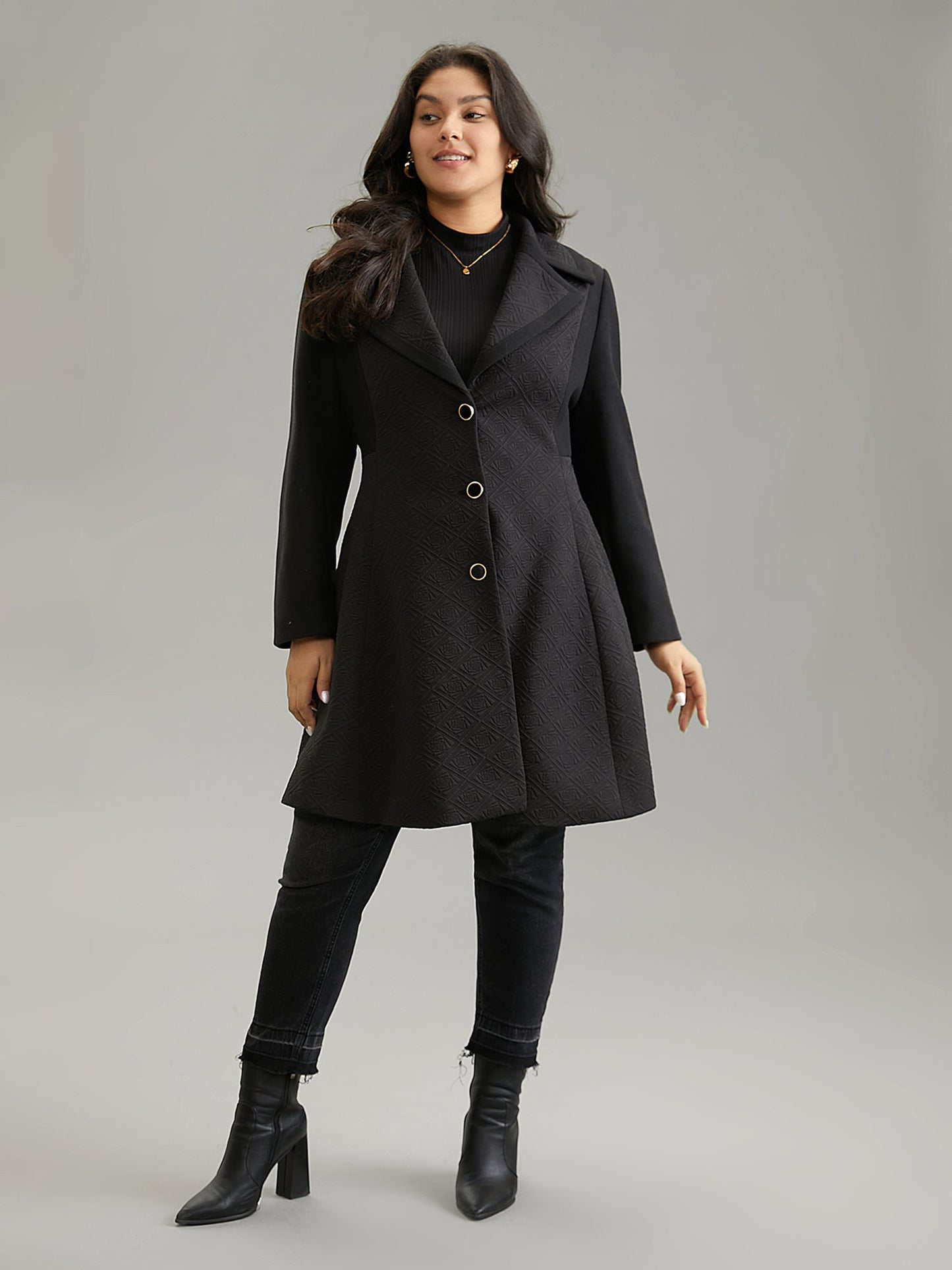Solid Textured Button Up Lapel Collar Woven Coat