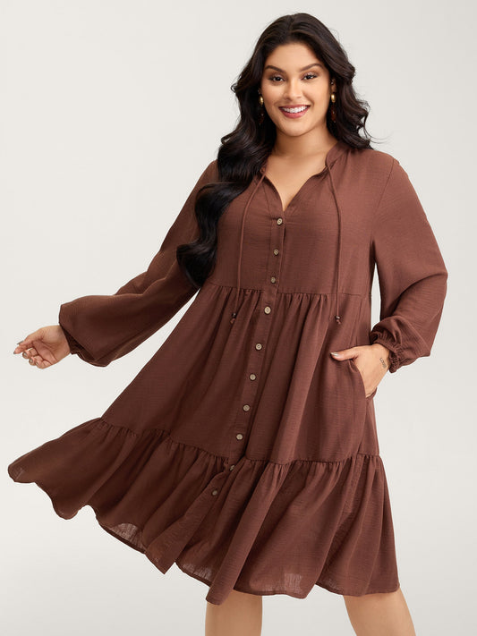 Drawstring Neck Tiered Balloon Sleeve Midi Dress