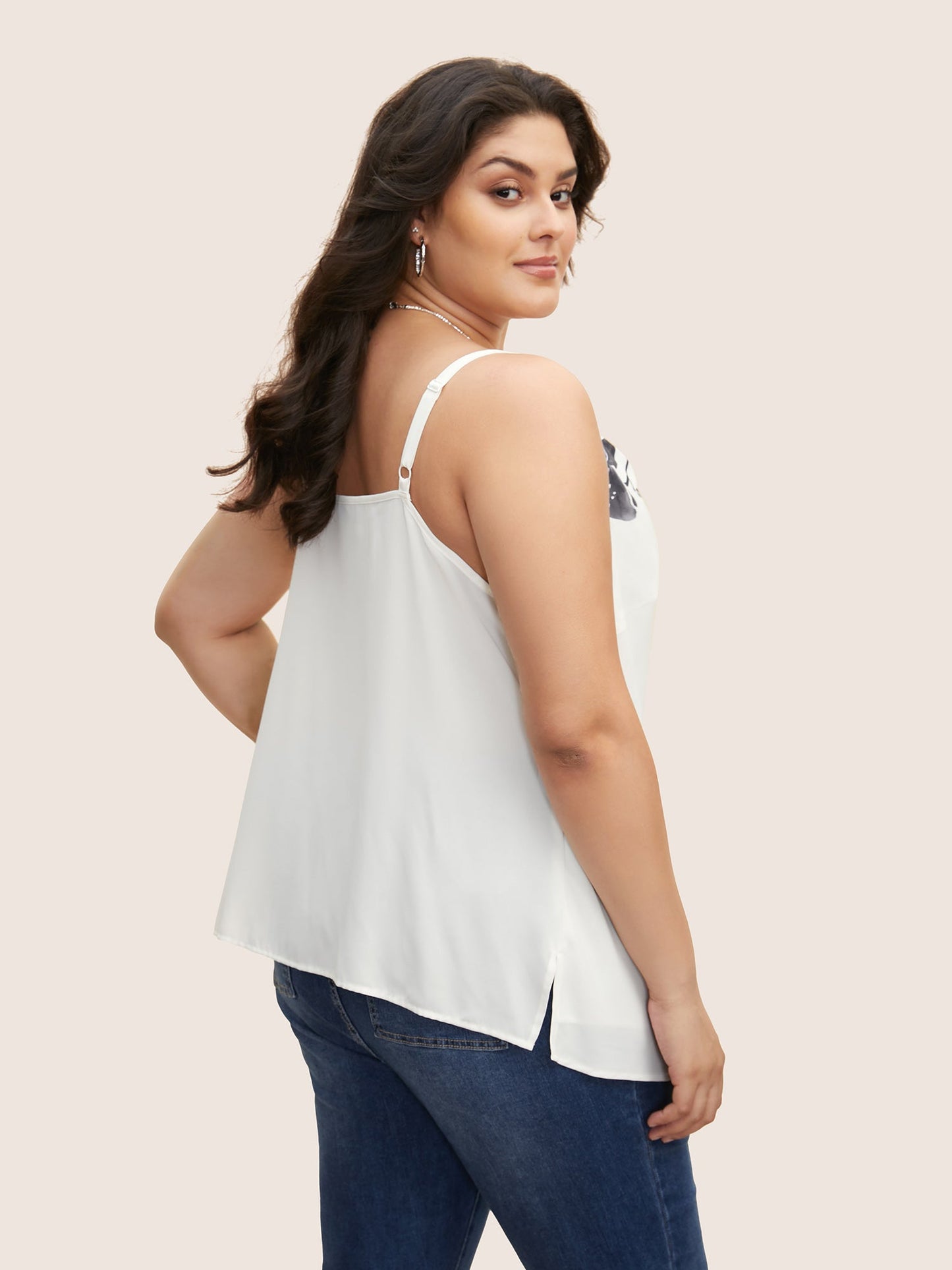 Cowl Neck Lily Print Split Hem Cami Top