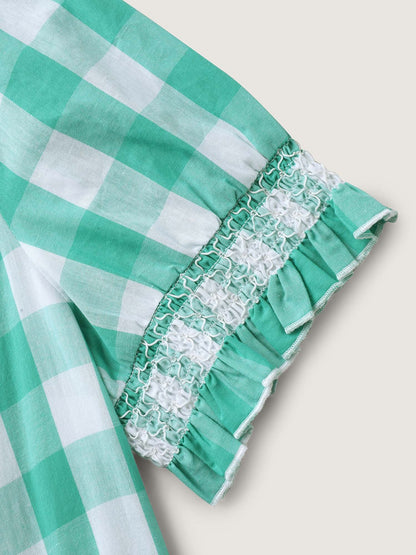 Cotton Plaid Print Shirred Neck Puffy Blouse