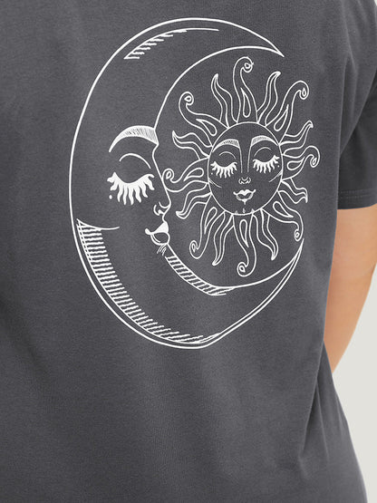 Sun & Moon Print Graphic Round Neck T-shirt