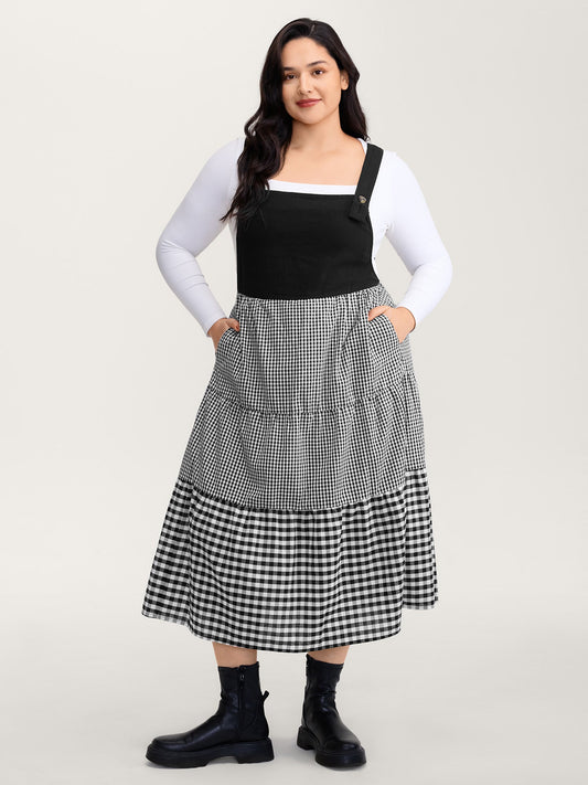Cotton Gingham Patchwork Overall Strap Midi Dress