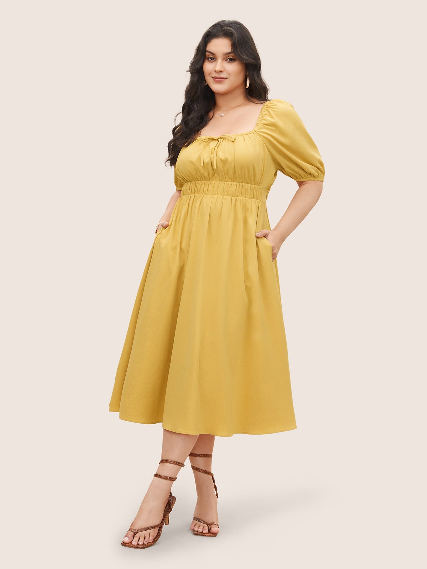 Plain Lantern Sleeve Drawstring Square Neck Dress