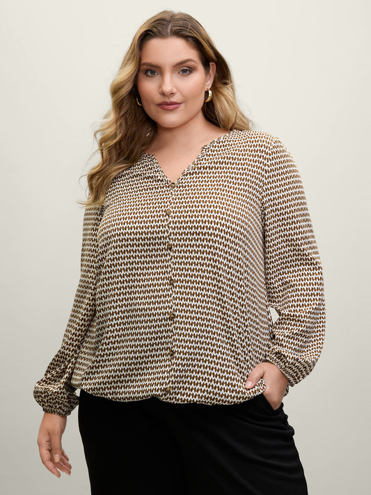Wavy Stripe Button Detail Split Neck Blouse