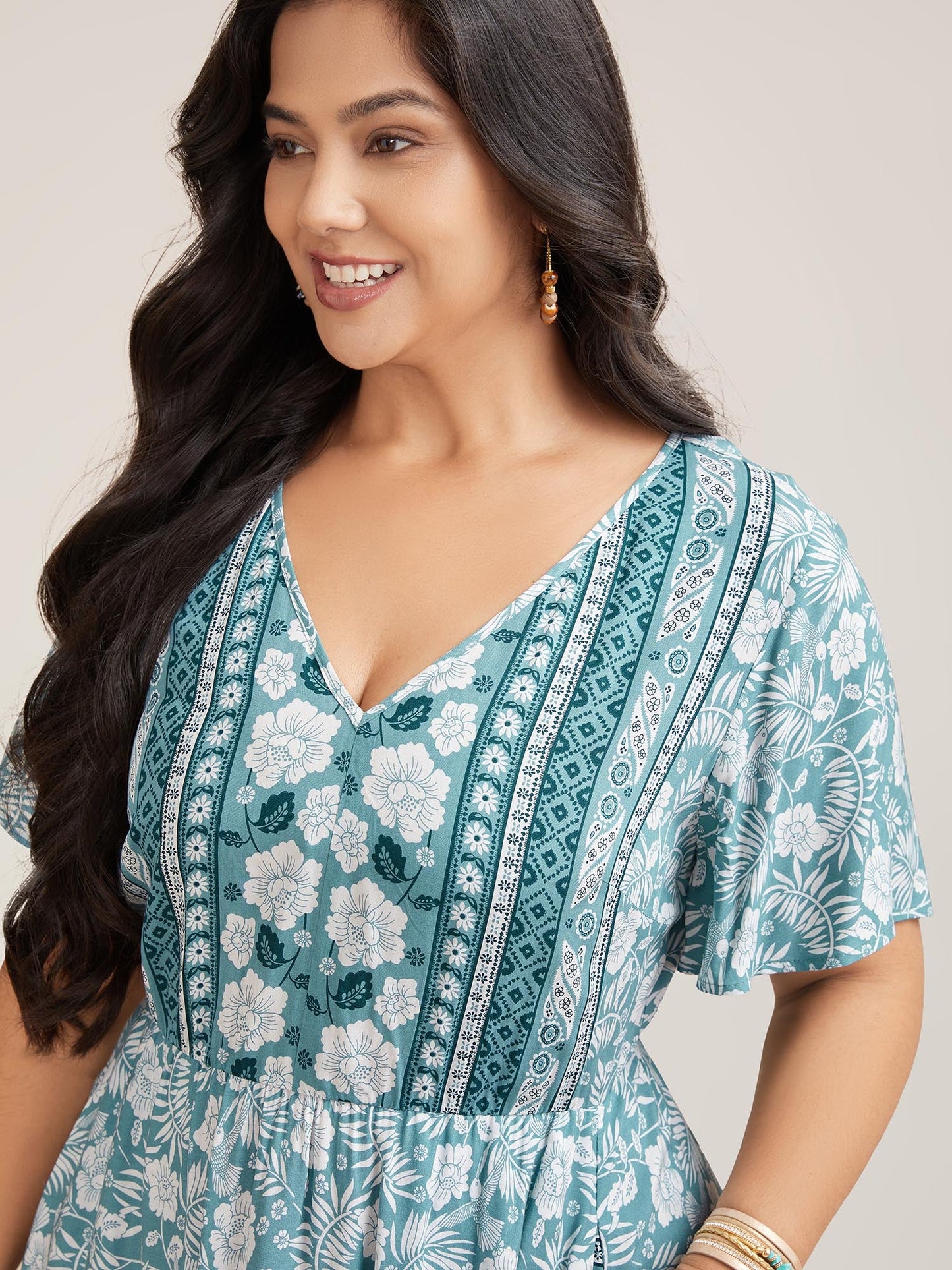 Floral Print Stretchy Waist Pockets Midi Dress