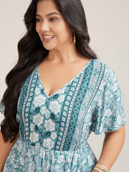 Floral Print Stretchy Waist Pockets Midi Dress