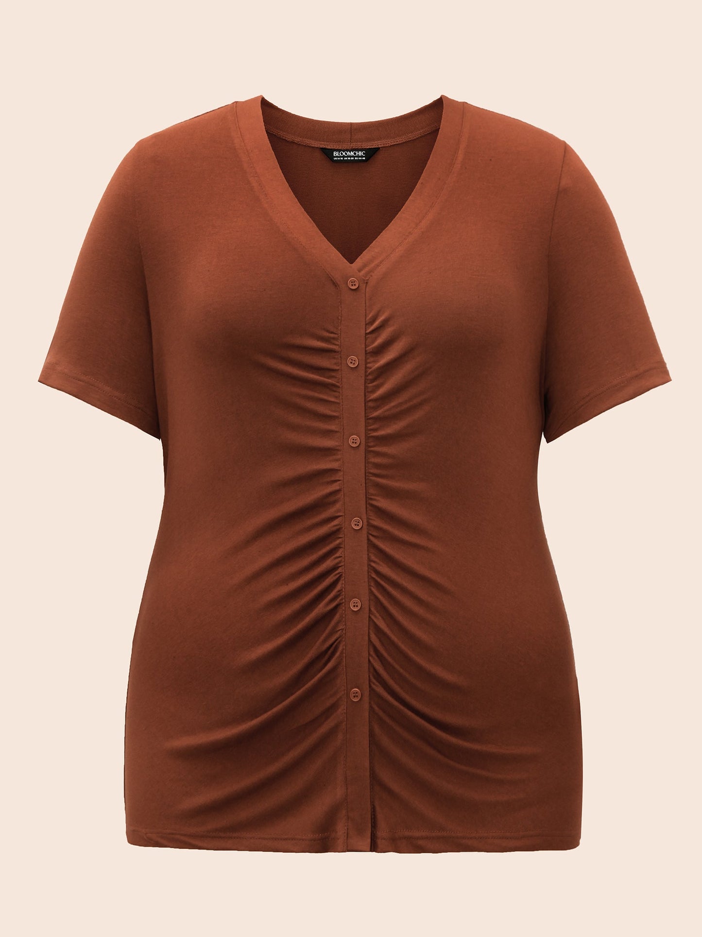 V Neck Button Detail Ruched T-shirt
