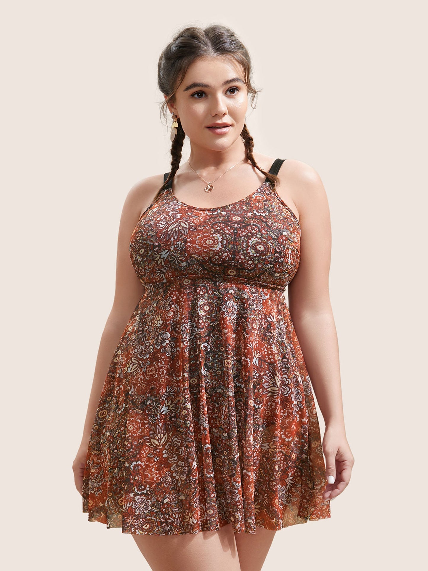 Bandana Print Adjustable Straps Mesh Swim Dress