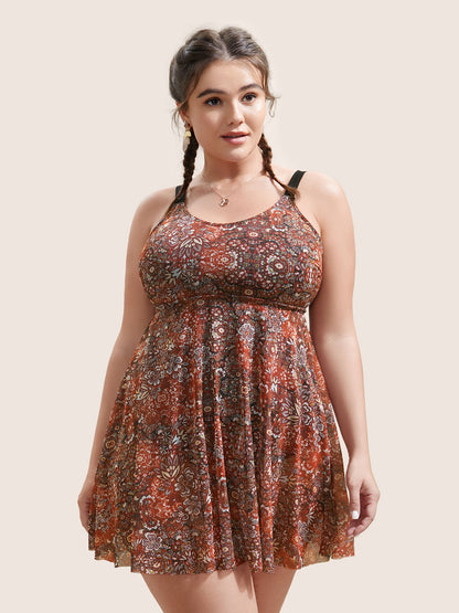 Bandana Print Adjustable Straps Mesh Swim Dress