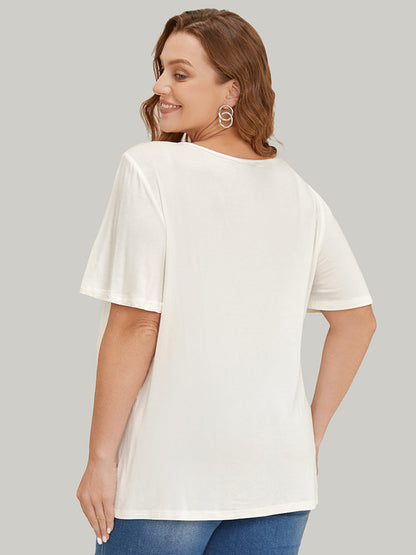 Floral Embroidered Ruffle Sleeve Keyhole Neck T-shirt